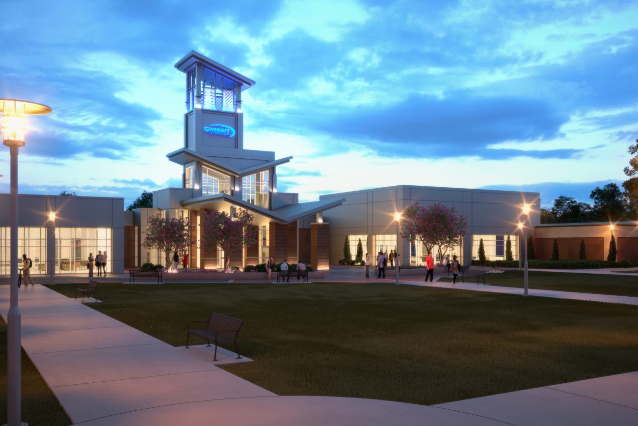 Exterior Rendering of Gwinnett Tech at dusk