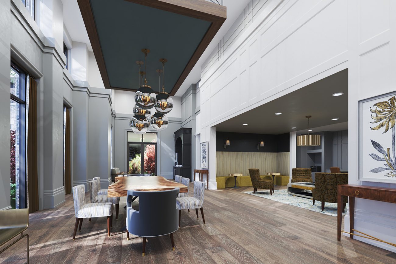 Interior Rendering of clubhouse at Morrison Yards
