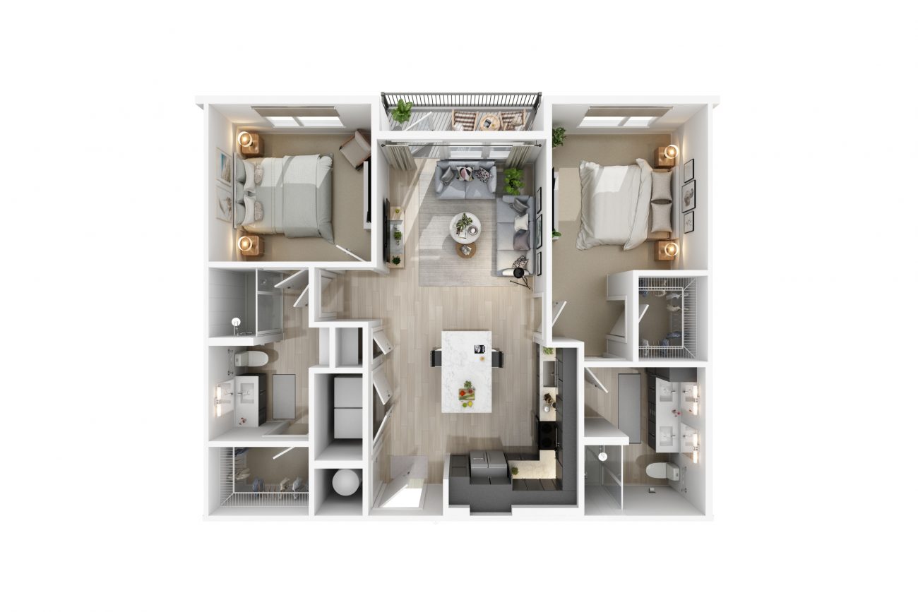 3D Floor plans of 2 bedroom unit at Solis Hills