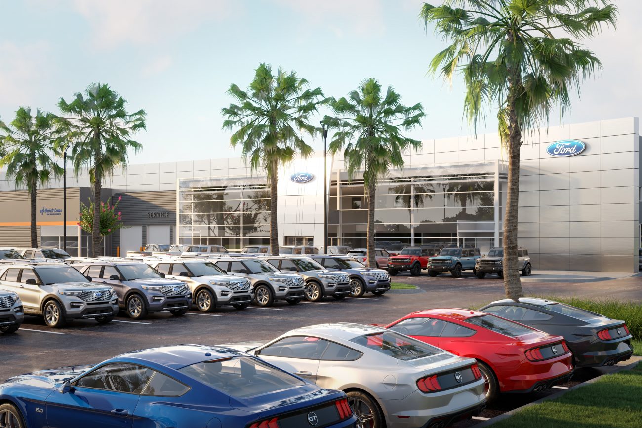 Exterior rendering of a car dealership