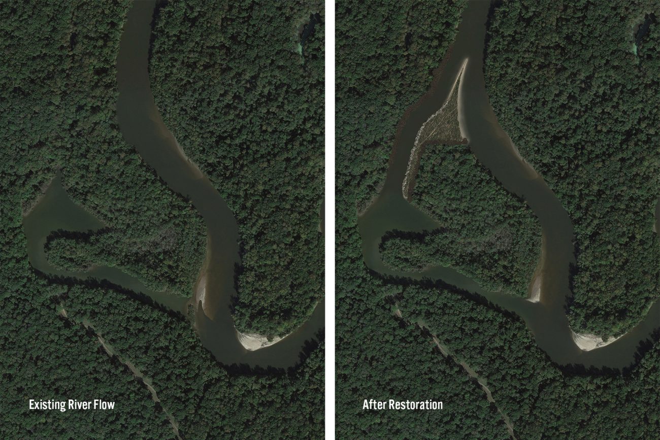 Composite of Google Earth image and rendered sections showing Savannah River restoration.