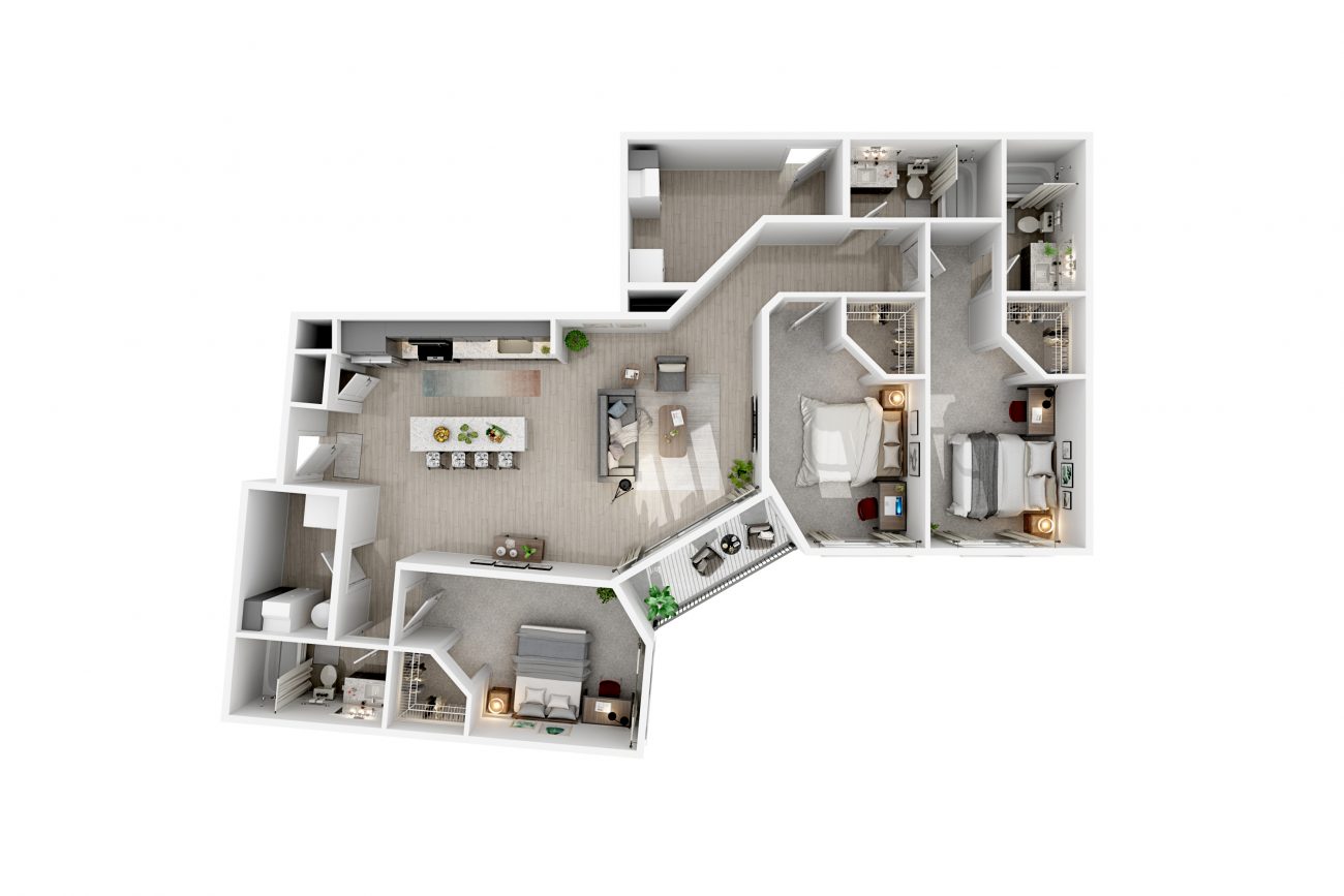 3D Floor plans of a 3-bedroom unit at The Flight