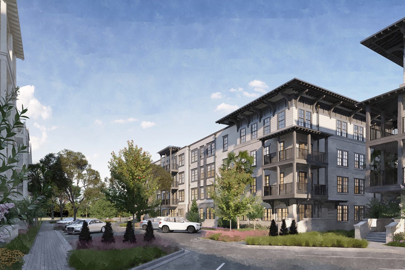 Traditional rendering of view of exterior of Nowell Creek.