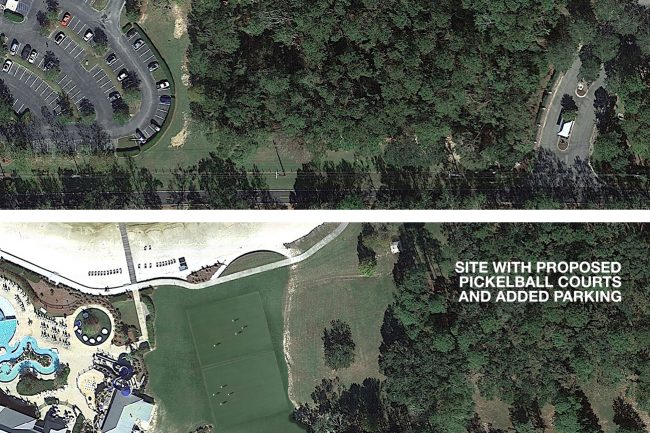 Before and after of proposed pickball courts and additional parking.