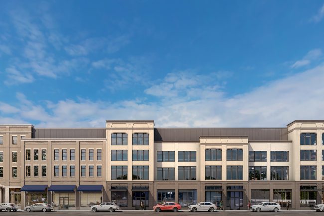 Rendered elevation of proposed parking garage.