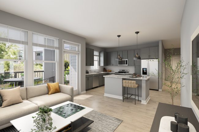 Interior rendering of kitchen and living space of Solis Millennium unit