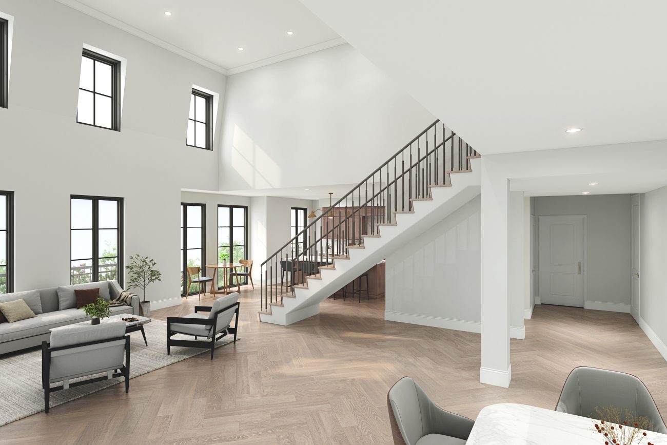 Interior rendering of living space at the Amelia