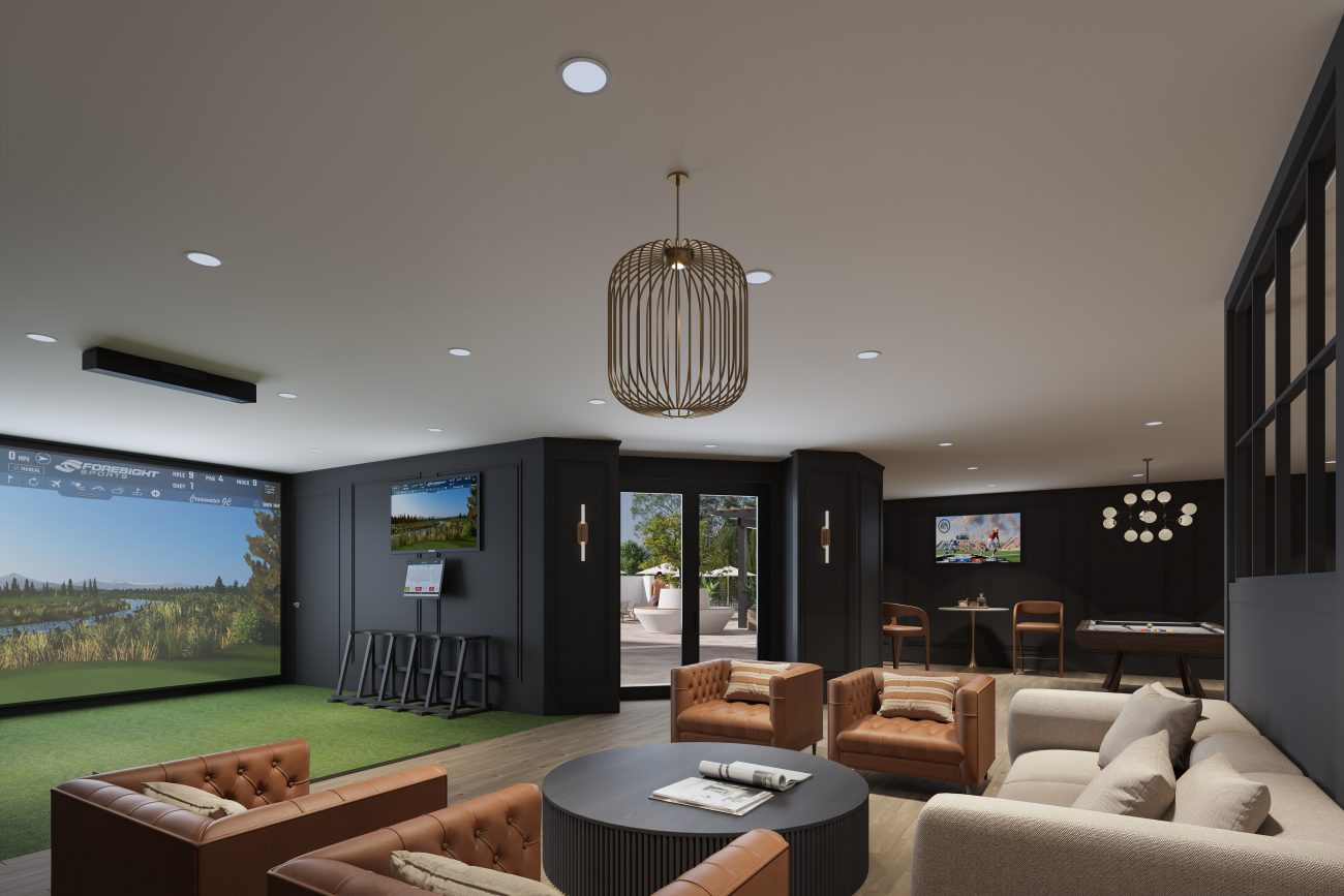 Interior rendering of the golf lounge at the Addie Apartments