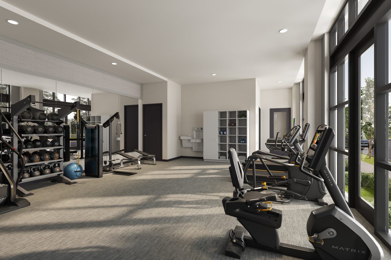 Interior rendering of the fitness center at the Addie Apartments
