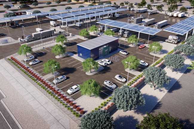 Bird's eye view of electric vehicle charging station