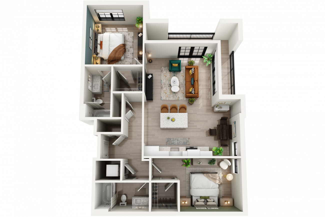 3D Floor plans of 2 bedroom unit at Line Apartments