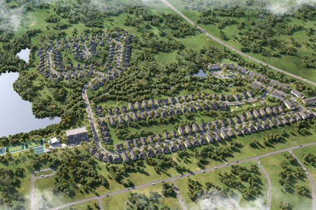 Birds-eye view of Lakeview housing community.