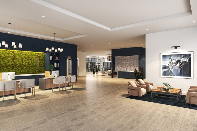 Interior rendering of the reception lobby at Solis Birkdale.