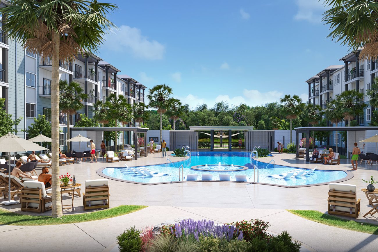 Exterior rendering of pool deck at the Evado Nexton.