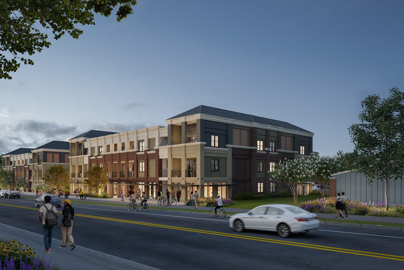 Exterior rendering of Pleasant Hill Mixed Use complex.