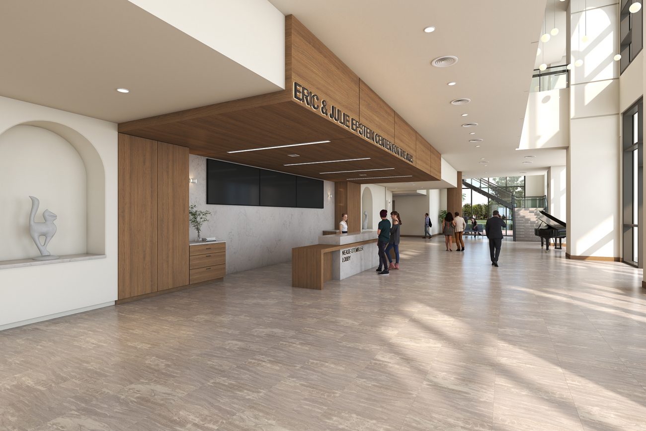 Interior rendering of the entrance lobby inside Coastal College of Georgia Arts Center.