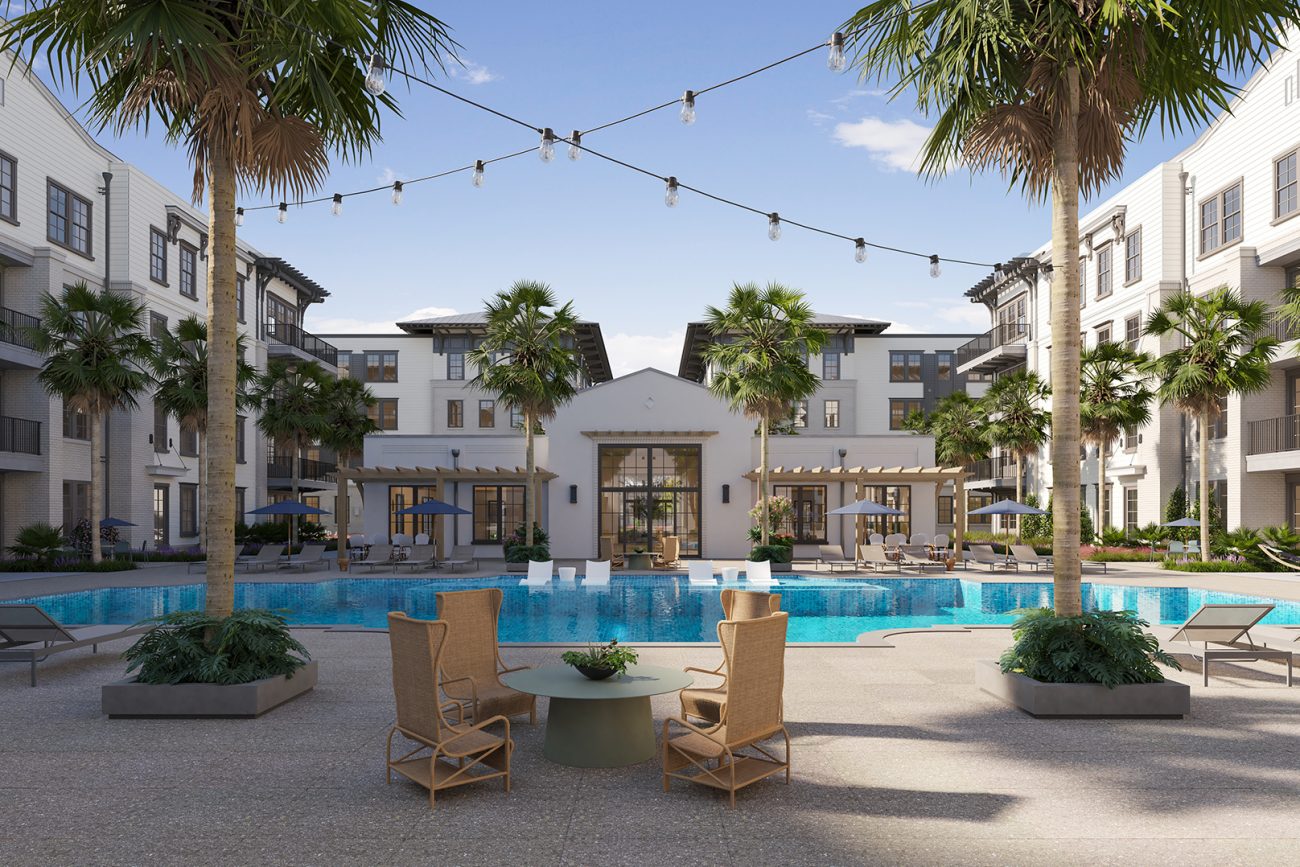 Exterior rendering of the pool deck at Nowell Creek.