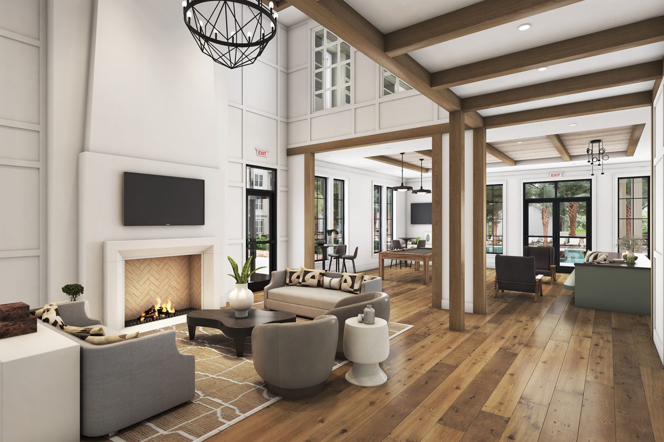 Interior rendering of an amenity space at the Flora Apartments.