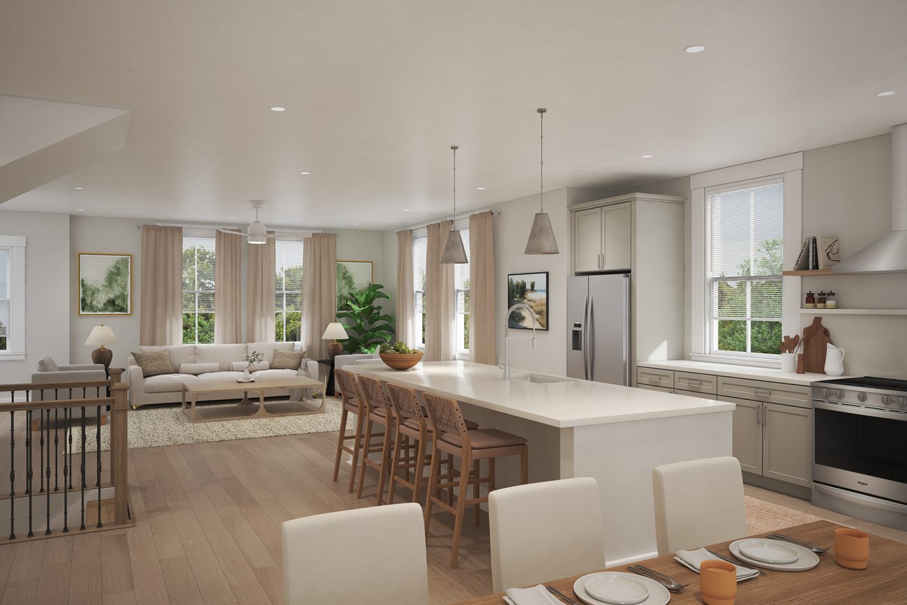 Interior rendering of the kitchen and living area in a Nowell Creek townhome.