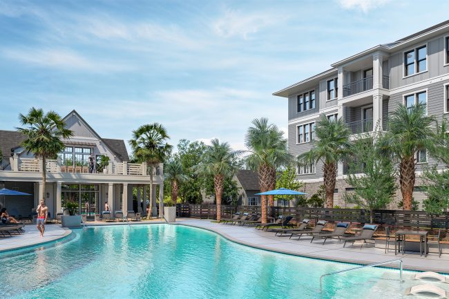 Exterior rendering of the pool deck at the Henslow.