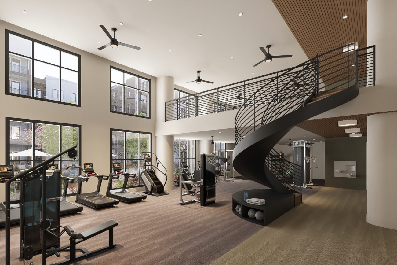 Interior rendering of the fitness center at Carmel Commons.