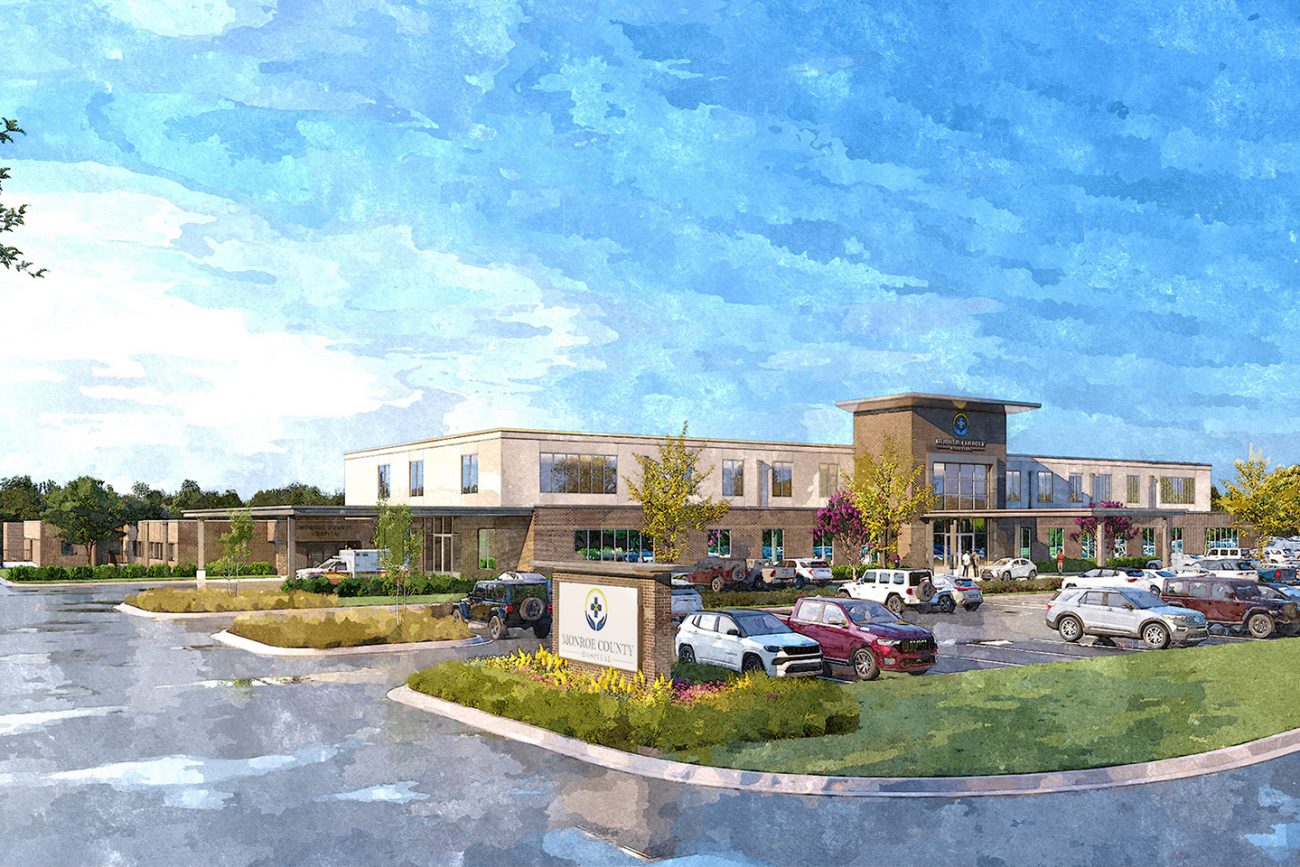 Traditional rendering of exterior of Monroe County Hospital.