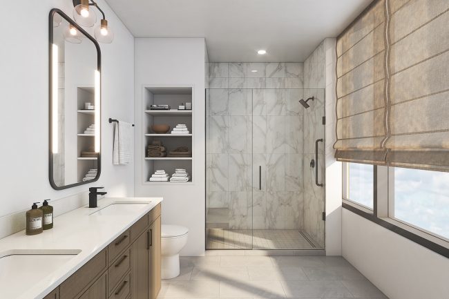 Interior rendering of the bathroom in a residence at Juniper