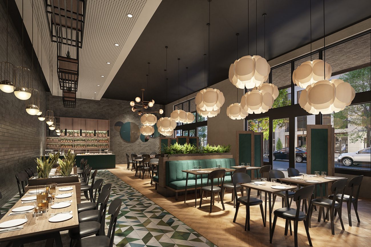Interior rendering of dining area at 55 Romney.