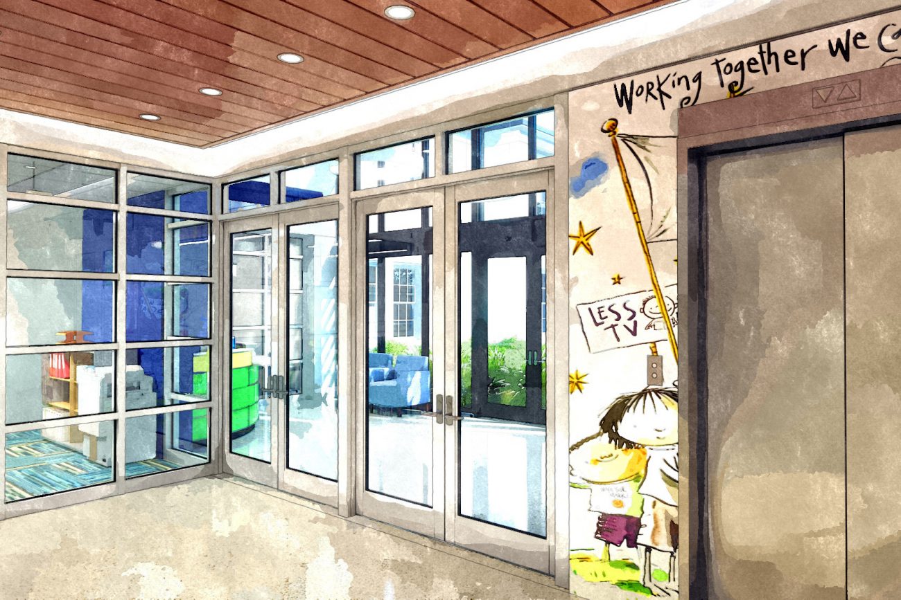 Watercolor Rendering of elevator lobby at Humphries Elementary